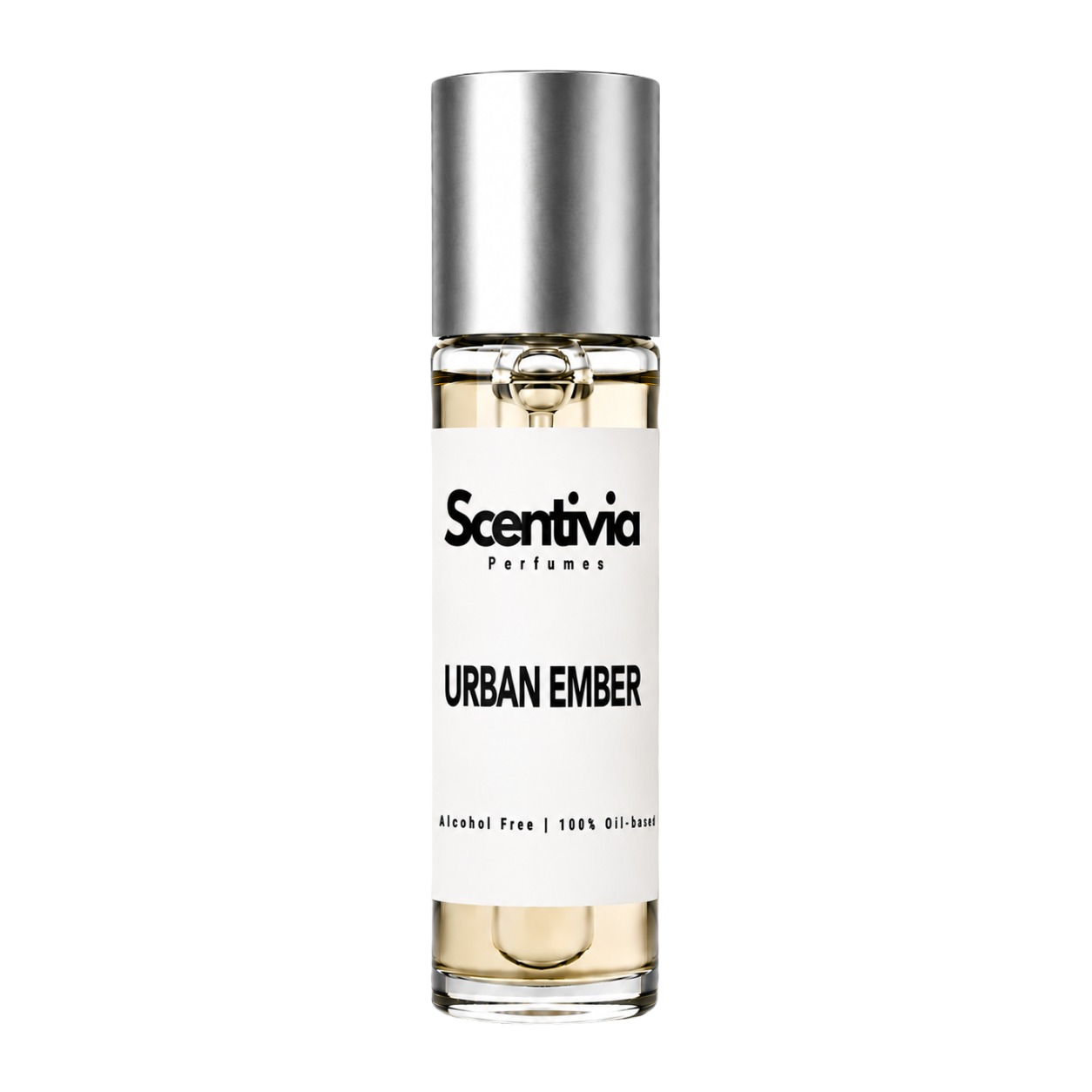 Roll-on perfume bottle with silver cap, clear glass, Urban Ember label