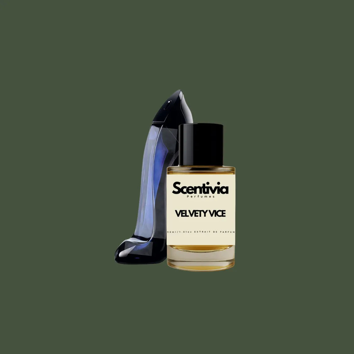 Scentivia Velvety Vice perfume bottle paired alongside a luxury stiletto heel-shaped designer fragrance bottle featuring a translucent dark blue and black finish, on a solid dark olive green background.