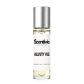 Roll-on perfume bottle with clear glass body, silver cap, and Velvety Vice label