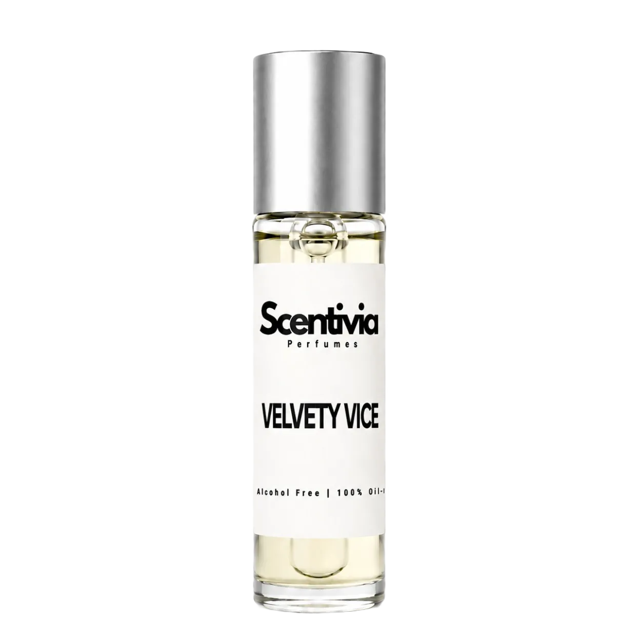 Roll-on perfume bottle with clear glass body, silver cap, and Velvety Vice label