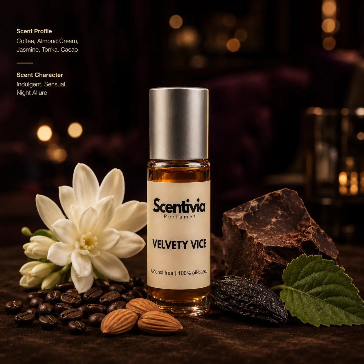 Velvety Vice Roll On bottle with coffee beans, jasmine, almonds, cacao and dark chocolate accents. Scent Profile: Coffee, Almond Cream, Jasmine, Tonka, Cacao. Scent Character: Indulgent, Sensual, Night Allure