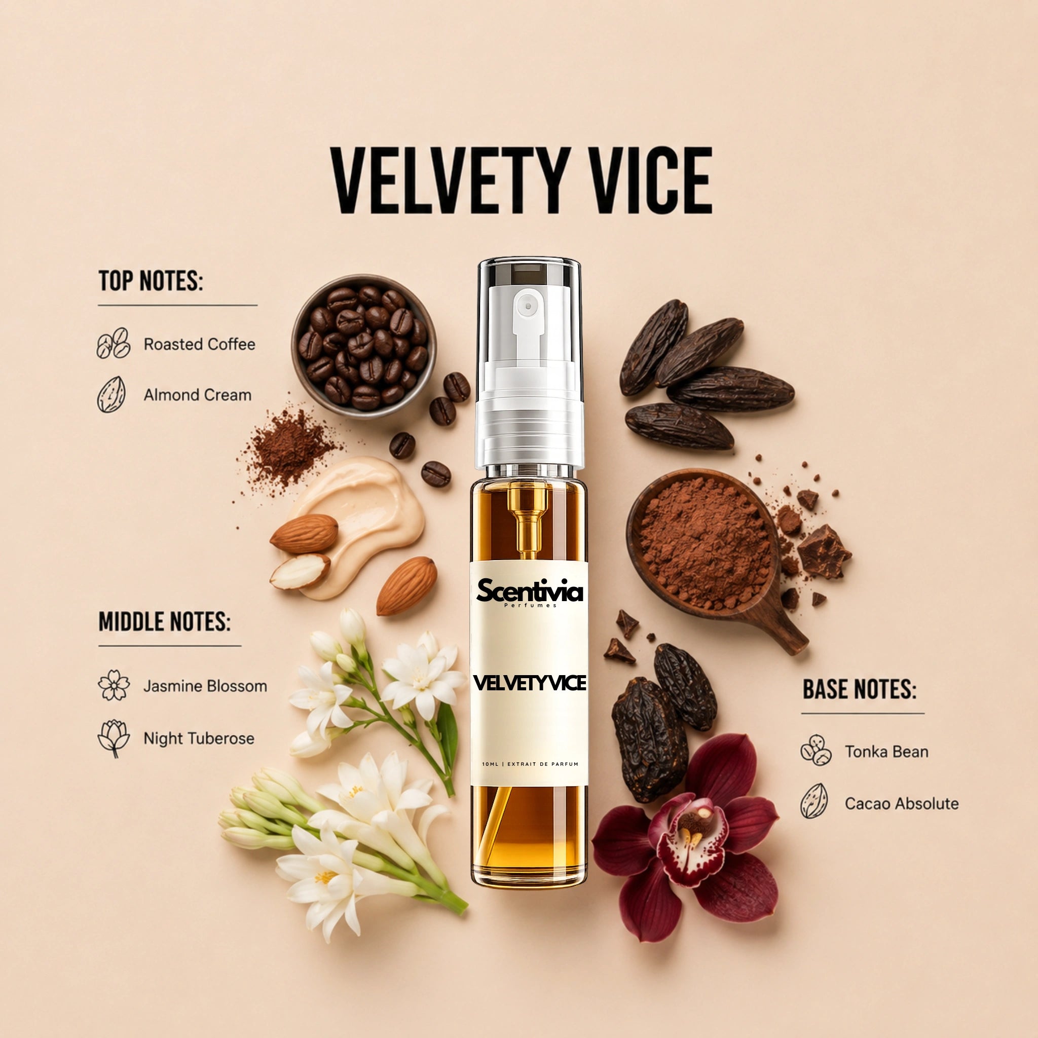 Velvety Vice 10ML perfume bottle by Scentivia Perfumes with Coffee, Almond Cream, Tuberose, Tonka Bean and Cacao