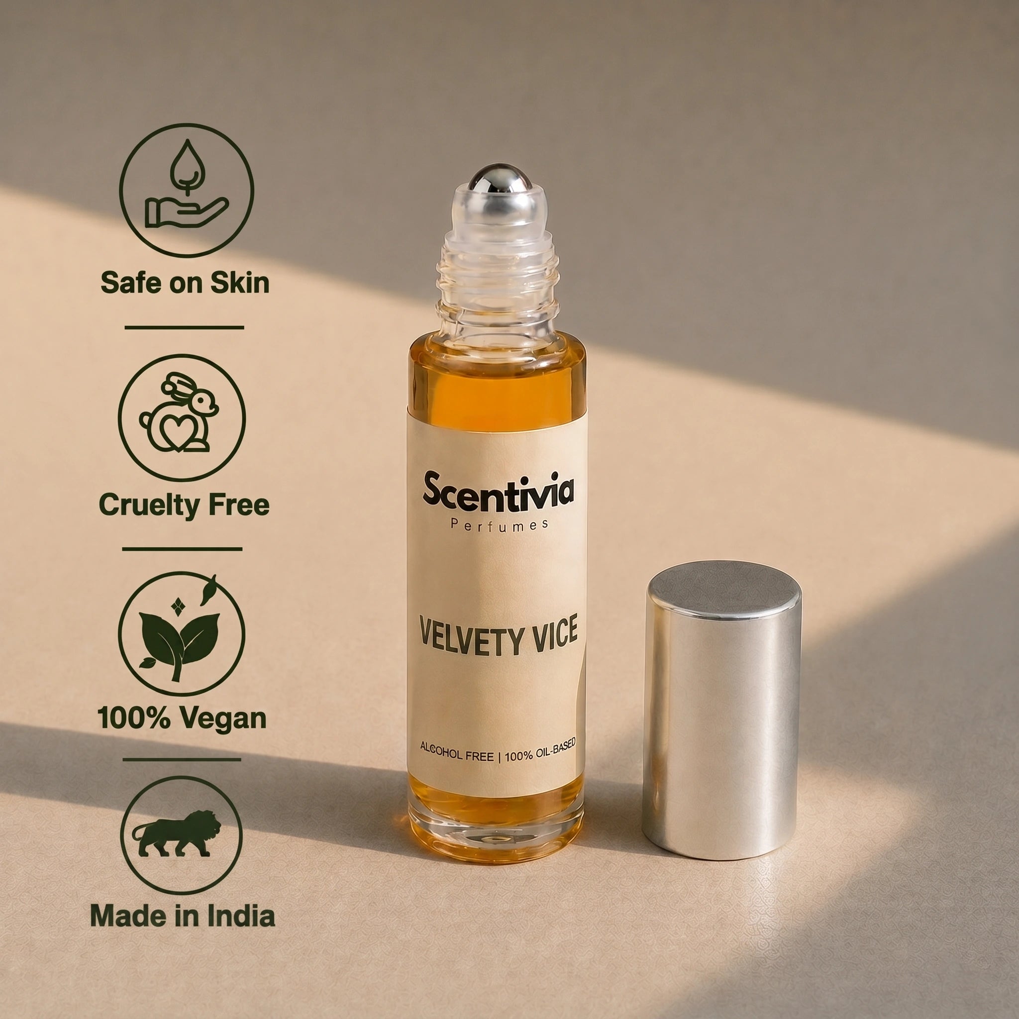 Velvety Vice Roll On bottle highlighting skin safe, cruelty free, vegan and Made in India alcohol free perfume benefits
