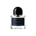 Vesper parfum extrait bottle with black rounded cap, clear glass and gold label