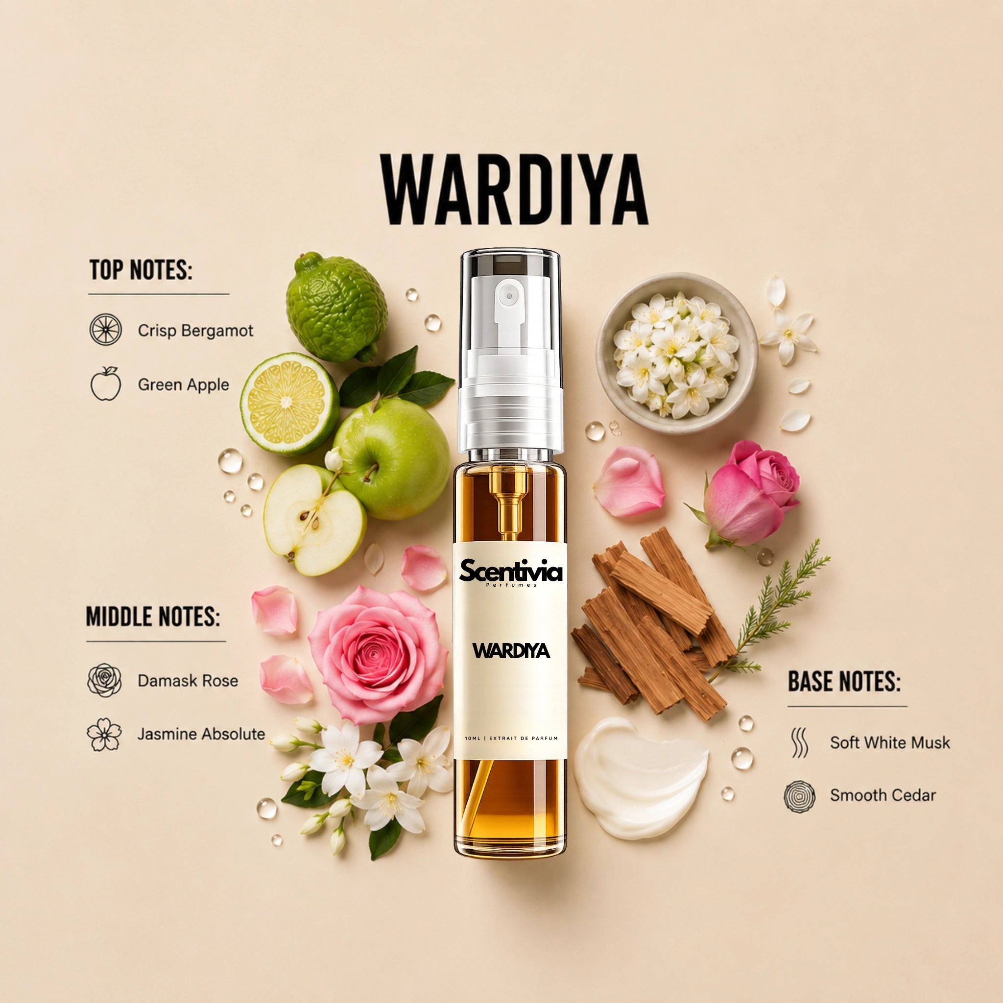Wardiya 10ML perfume bottle by Scentivia Perfumes with Bergamot, Green Apple, Rose, Jasmine, White Musk and Cedar