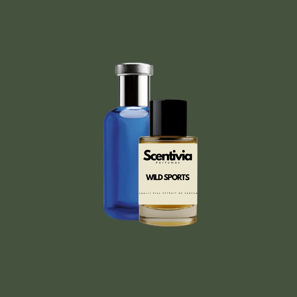 Scentivia Wild Sports perfume bottle paired alongside a luxury designer fragrance bottle featuring a translucent cobalt blue finish and a metallic silver cap, on a solid dark olive green background.