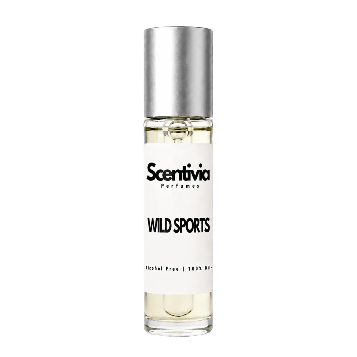 Roll-on perfume bottle with silver cap, clear glass, WILD SPORTS label