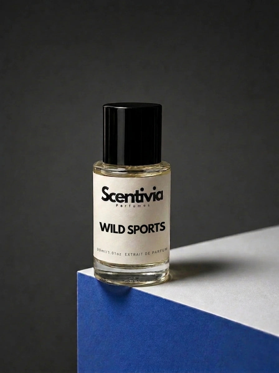 Wild Sports fragrance bottle with black cap and clear glass