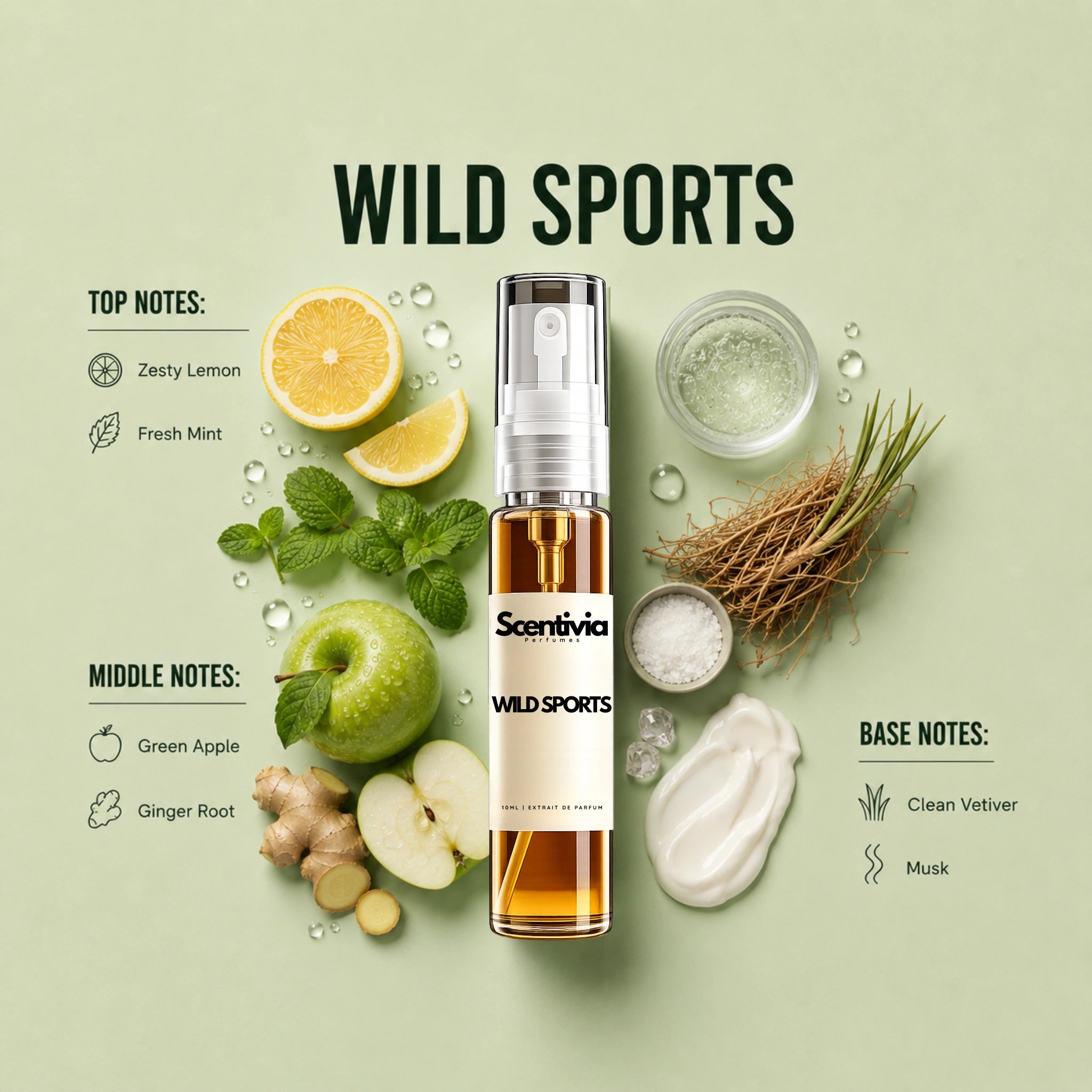 Wild Sports 10ML perfume bottle by Scentivia Perfumes with Lemon, Mint, Green Apple, Ginger Root, Vetiver and Musk
